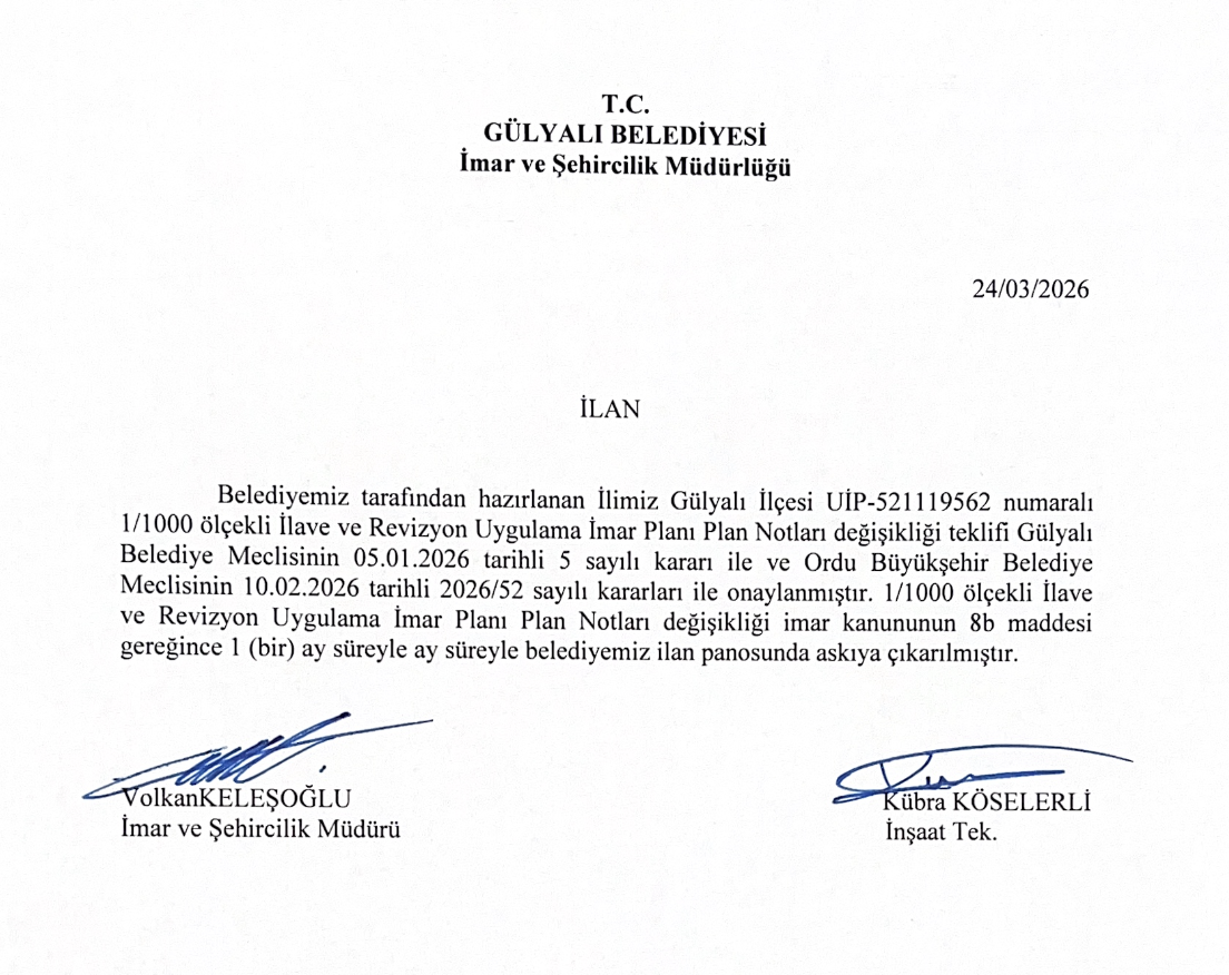 1/1000 Ölçekli İlave ve Revizyon Uygulama İmar Plan Notları Değişikliği