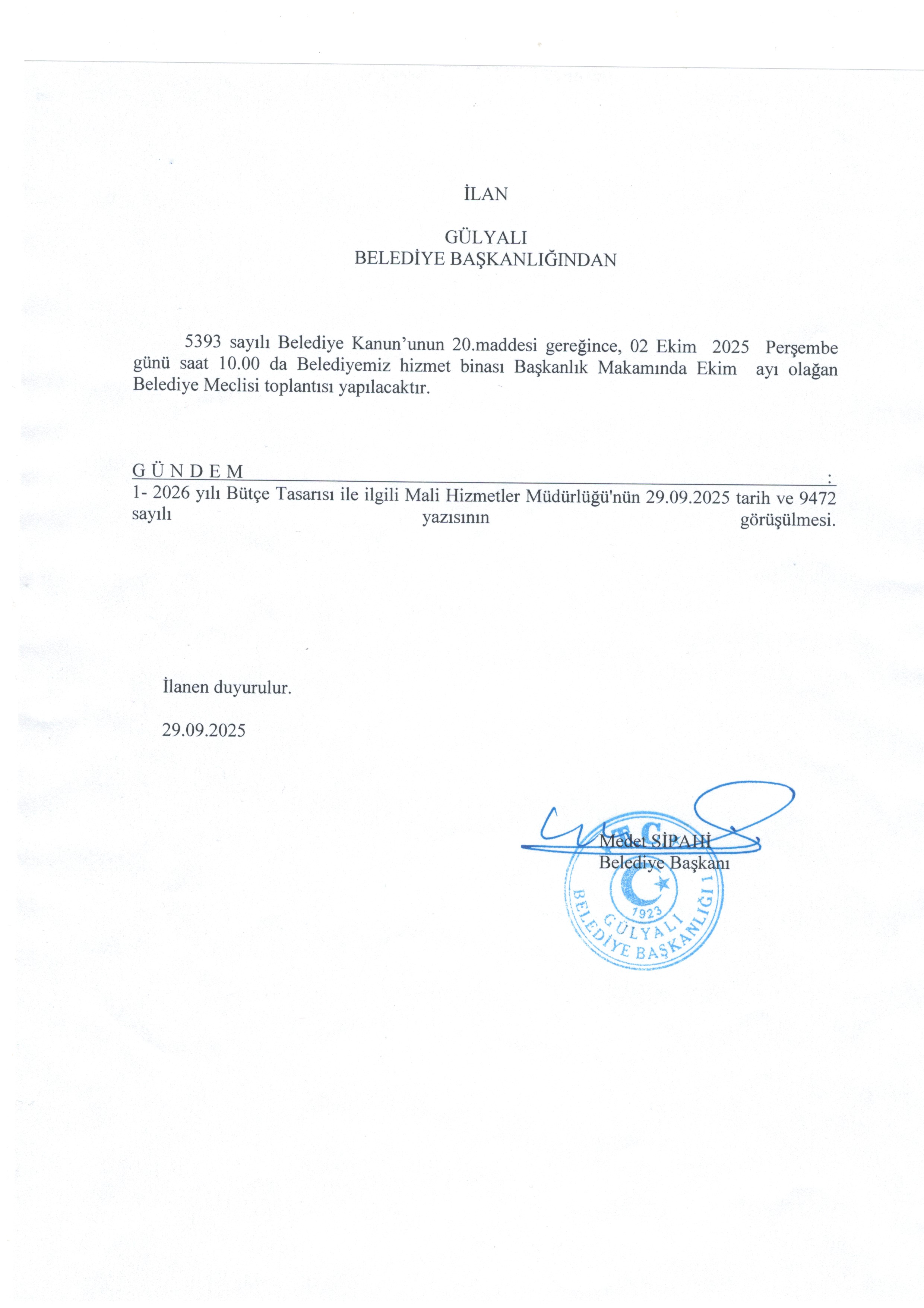 2025 YILI EKİM AYI OLAĞAN MECLİS TOPLANTISI